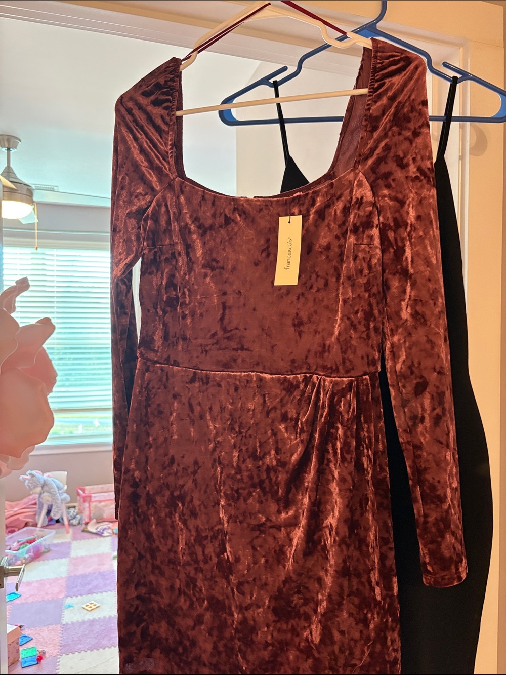 Francesca's Collections Crushed Velvet Square Neck Long Sleeve Dress - Brown
